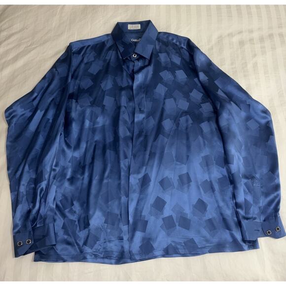 VINTAGE MENS GENELLI Blue TONE ON TONE SILK SHIRT NEHRU COLLAR XL - Picture 1 of 5